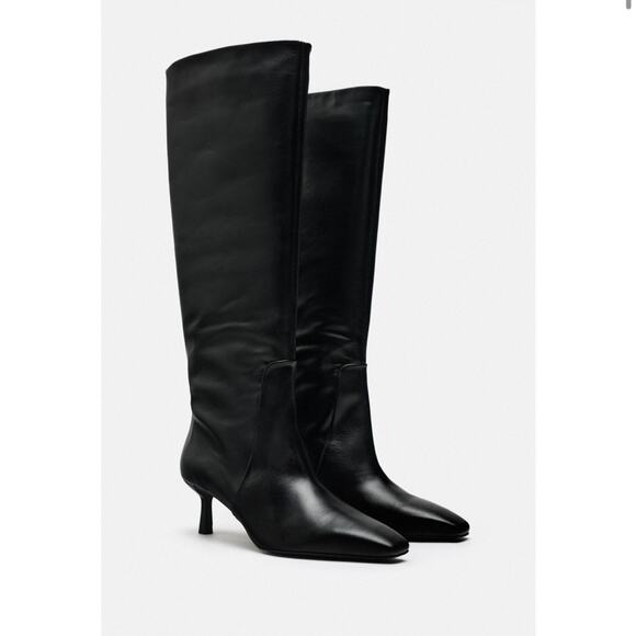 Zara Black HEELED LEATHER KNEE HIGH BOOTS Size 8 - Picture 1 of 7